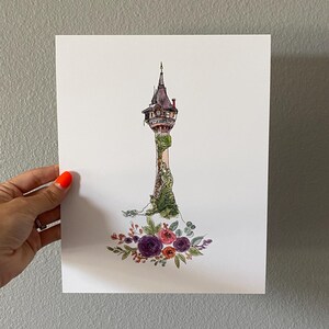 Rapunzel Tower Watercolor Art Print, Watercolor Castle, Girls Princess Room Decor, Princess Art, Princess Nursery Art image 9