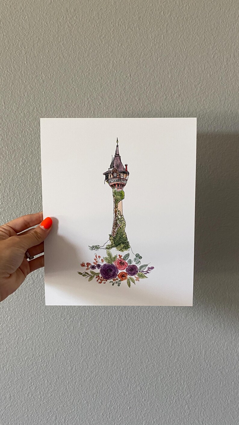 Rapunzel Tower Watercolor Art Print, Watercolor Castle, Girls Princess Room Decor, Princess Art, Princess Nursery Art image 9
