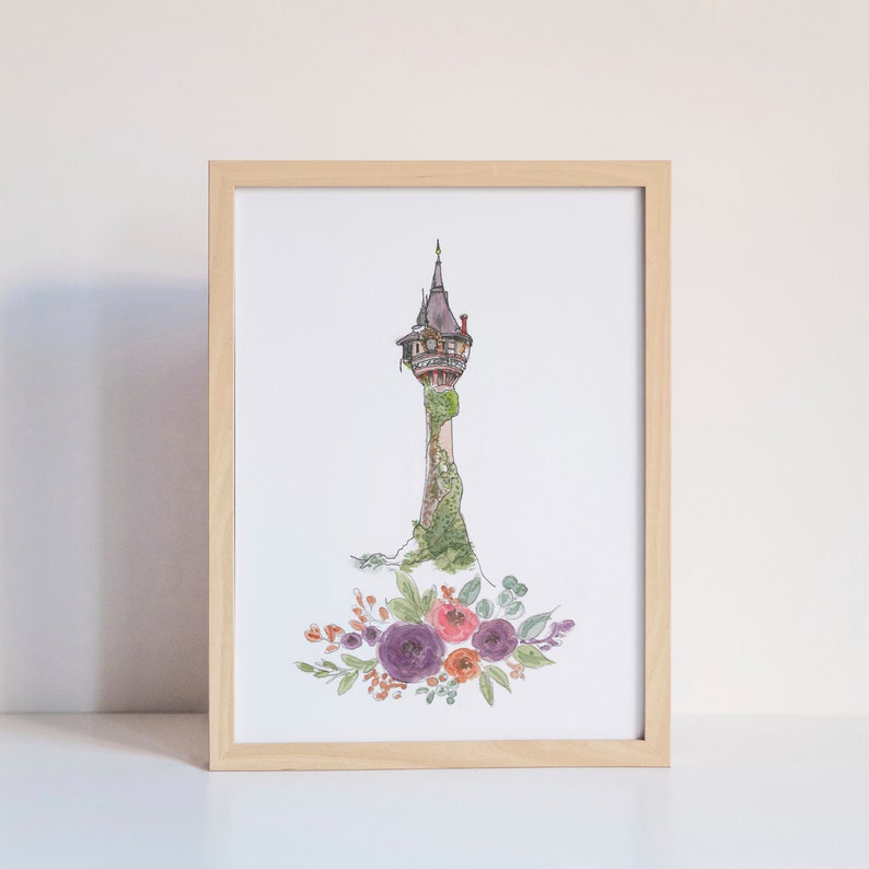 Rapunzel Tower Watercolor Art Print, Watercolor Castle, Girls Princess Room Decor, Princess Art, Princess Nursery Art image 5