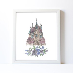 May include: A watercolor illustration of a whimsical castle with a purple and blue color scheme, surrounded by a wreath of blue and green flowers.