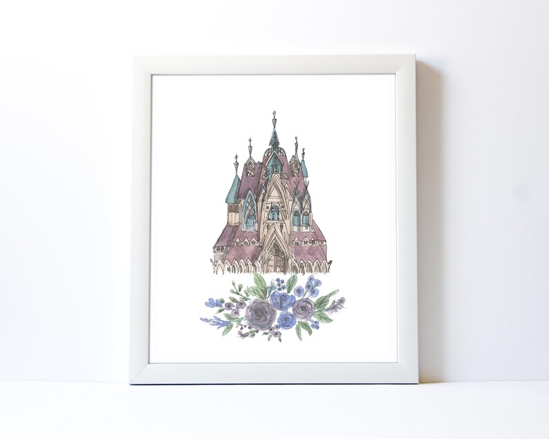 May include: A watercolor illustration of a whimsical castle with a purple and blue color scheme, surrounded by a wreath of blue and green flowers.