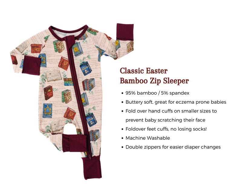May include: A light pink bamboo zip sleeper with a book pattern. The sleeper has a burgundy zipper, cuffs, and foot cuffs. The sleeper has fold-over hand cuffs and double zippers for easy diaper changes.