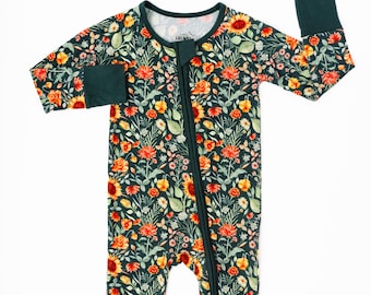 SUNFLOWERS Bamboo Zippy Baby Pajamas, Baby Bamboo Sleepers, Floral Bamboo Sleeper,  Sunflower Baby Pajamas, Girl Flower Field Bamboo Pajamas