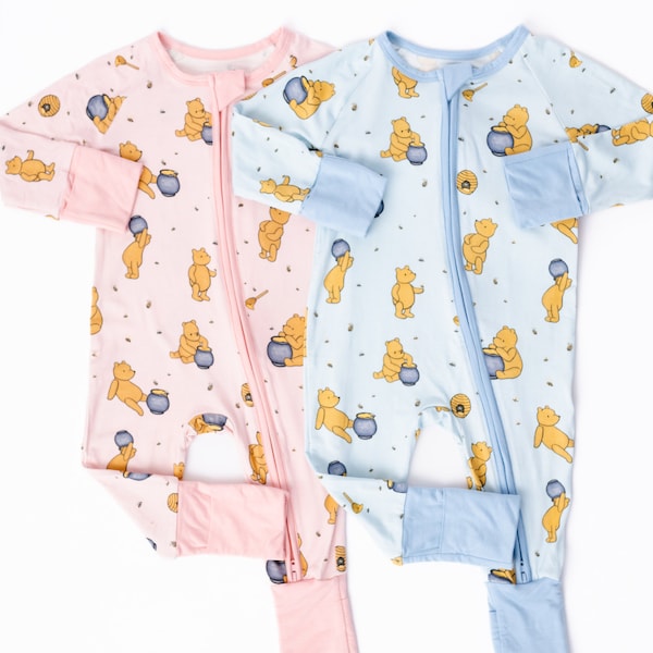 Winnie the Pooh Bamboo Baby Pajamas, HUNNY POT Bamboo Baby Zip Rompers, Zippered Baby Romper, Winnie-the-Pooh Baby Shower