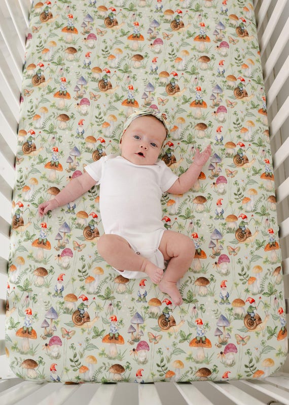 GNOMES Crib Sheet, Buttery Soft BAMBOO Crib Sheet, Cottage Core - Main Image