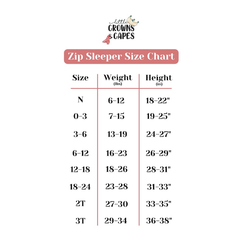 May include: A size chart for zip sleepers, featuring the "Little Crowns & Capes" logo. The chart lists sizes from newborn to 3T, with corresponding weight in pounds and height in inches. The chart is in a pink and white color scheme.
