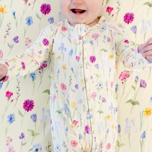 Floral Bamboo Baby Pajamas, Flowers Bamboo Baby Sleepers, Baby Girl Bamboo Baby Romper, Zippered Baby Romper, Zippered Baby Pajamas