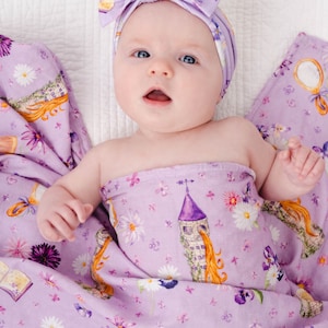 Baby Girl SWADDLE Blanket, Princess Rapunzel Swaddle Blanket, Newborn Photo Prop, Bamboo Swaddle Purple and Pink, Newborn Swaddle