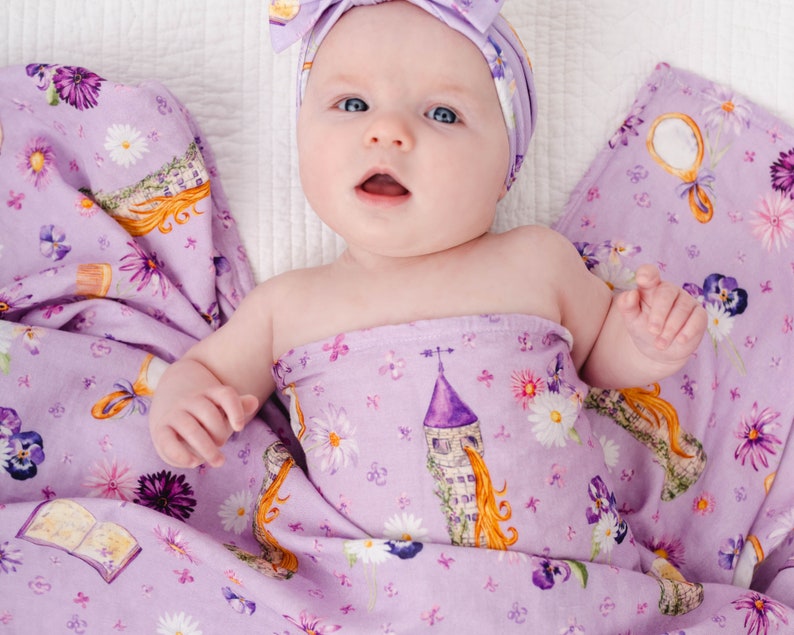 Baby Girl SWADDLE Blanket, Princess Rapunzel Swaddle Blanket, Newborn Photo Prop, Bamboo Swaddle Purple and Pink, Newborn Swaddle image 1