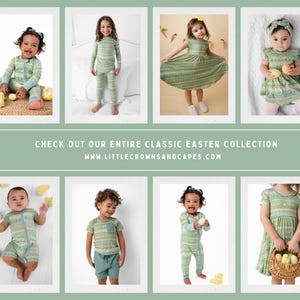 Puede incluir: Colecci&oacute;n de ropa infantil en tonos verdes y azules con motivos de Pascua. La imagen muestra varios conjuntos, incluyendo peleles, vestidos y pijamas. Tambi&eacute;n se puede ver el texto "CHECK OUT OUR ENTIRE CLASSIC EASTER COLLECTION". La ropa est&aacute; dise&ntilde;ada para ni&ntilde;os de diferentes edades.