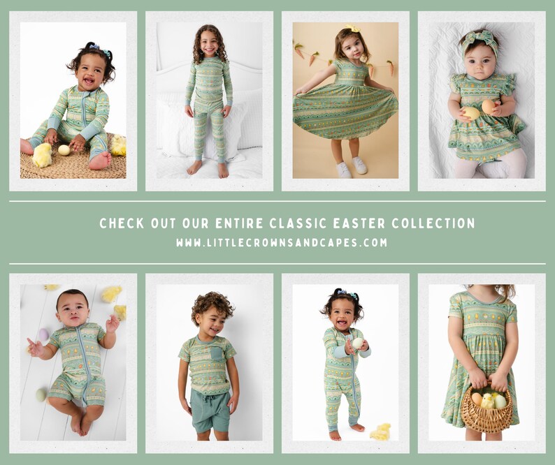Puede incluir: Colecci&oacute;n de ropa infantil en tonos verdes y azules con motivos de Pascua. La imagen muestra varios conjuntos, incluyendo peleles, vestidos y pijamas. Tambi&eacute;n se puede ver el texto "CHECK OUT OUR ENTIRE CLASSIC EASTER COLLECTION". La ropa est&aacute; dise&ntilde;ada para ni&ntilde;os de diferentes edades.