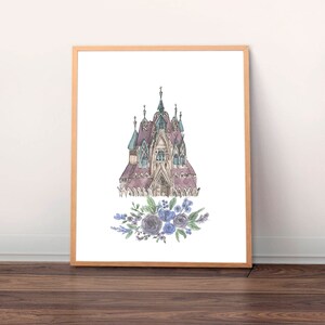 May include: A watercolor painting of a purple and blue castle with a floral wreath at the bottom. The castle has a pointed roof and many windows. The flowers are blue and purple.