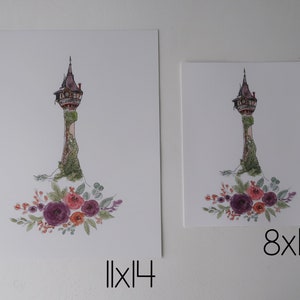 Rapunzel Tower Watercolor Art Print, Watercolor Castle, Girls Princess Room Decor, Princess Art, Princess Nursery Art image 7