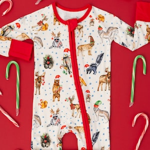 CHRISTMAS Bamboo Baby Pajamas, Bamboo Zip Sleepers, Bamboo Baby Zippys, Baby's 1st Christmas Pajamas, Christmas Animals Baby Pajamas