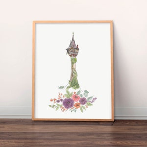 Rapunzel Tower Watercolor Art Print, Watercolor Castle, Girls Princess Room Decor, Princess Art, Princess Nursery Art 11x14 with Flowers