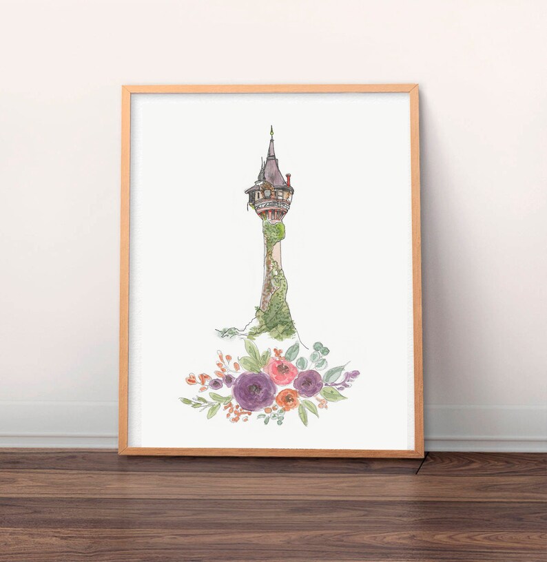 Rapunzel Tower Watercolor Art Print, Watercolor Castle, Girls Princess Room Decor, Princess Art, Princess Nursery Art 11x14 with Flowers