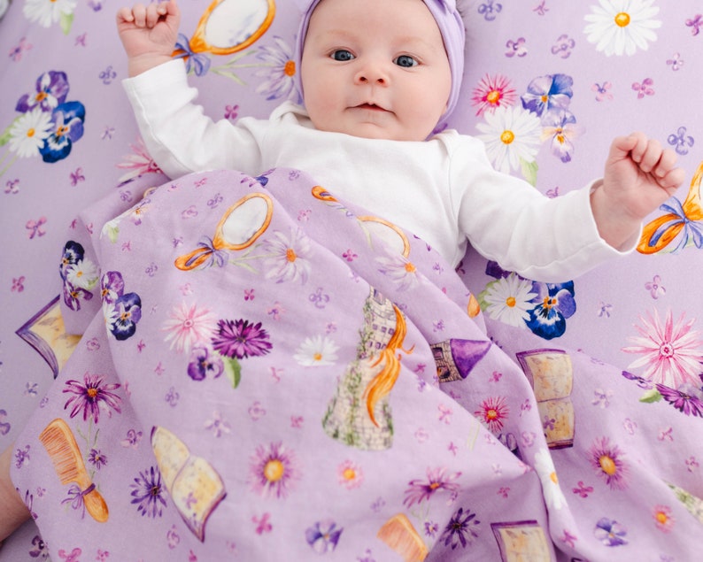Baby Girl SWADDLE Blanket, Princess Rapunzel Swaddle Blanket, Newborn Photo Prop, Bamboo Swaddle Purple and Pink, Newborn Swaddle image 7