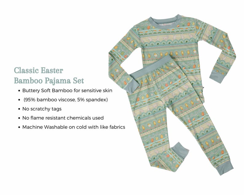 Puede incluir: Un conjunto de pijama Classic Easter Bamboo con un estampado azul claro y crema. La parte superior de manga larga y los pantalones presentan un dise&ntilde;o con tem&aacute;tica de Pascua. Fabricado con viscosa de bamb&uacute; suave y spandex, el conjunto incluye el texto "Classic Easter Bamboo Pajama Set".
