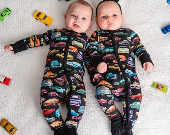 CARS Bamboo BABY Pajamas, Vintage Cars Baby Bamboo Baby Sleepers,  Baby Boy Bamboo Outfit,  Zippered Baby Pajamas, Baby Boy Bamboo Romper