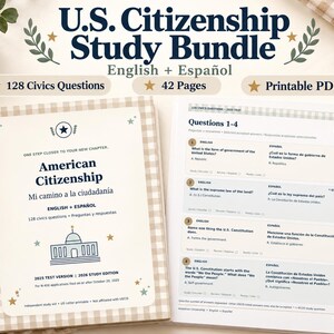 May include: A U.S. Citizenship Study Bundle featuring a cover page titled American Citizenship Mi camino a la ciudadanía and a page showing civics questions 1-4 in English and Spanish. The bundle includes 128 questions and 42 pages.