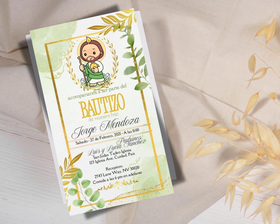 San Judas Baptism Invitation San Judas Tadeo Invitacion Verde Y Oro