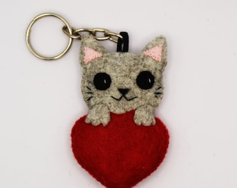 Gray Cat Inside A Heart Felt Keychain