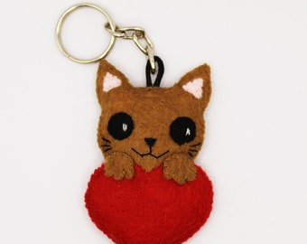 Brown Cat Inside A Heart Felt Keychain