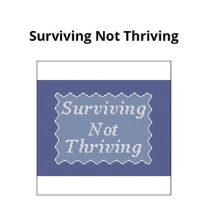 Puede incluir: Un gráfico azul con el texto "Surviving Not Thriving" en blanco, con una fuente estilizada. El texto está dentro de una forma azul claro con bordes festoneados, sobre un fondo azul oscuro. La imagen está sobre un fondo blanco.