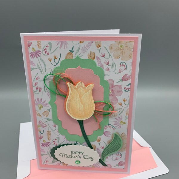 Happy Mother's Day Card with Tulip, Hand Stamped Tulip in Peach, Handmade Card for Mom, Mother's Day Card