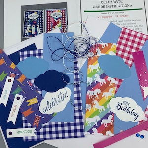 Happy Birthday Card Kit with Unicorns & Banners,Makes 2 large 6.5 x 5 Inch Cards: Celebrate and Birthday, Create Your Own Kids Craft Project