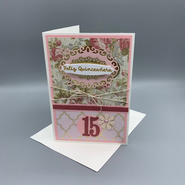 Feliz Quinceañera Happy Birthday Card for 15th Birthday, Handmade in Red, Pink and Gold, Birthday Card with Dress & Flower, Quince Años