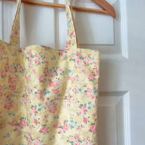 FLORAL TOTE BAG yellow pink floral tote bag, fully reversible cream & floral cotton vintage bag, ditsy floral canvas bag handmade in U.K.