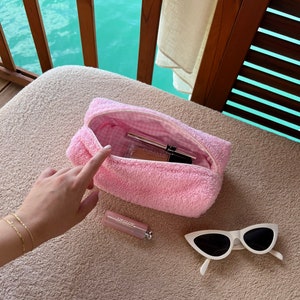 TOWELLING MAKEUP BAG medium pink towel fluffy cosmetic bag with pink gingham, cotton zip-up pouch, make-up bag handmade in U.K.