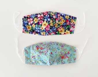 2 PACK BLUE FLORAL Reversible 2 in 1 Mask Adjustable Super Soft Elastic. Washable homemade face masks Double layer cotton made in U.K.