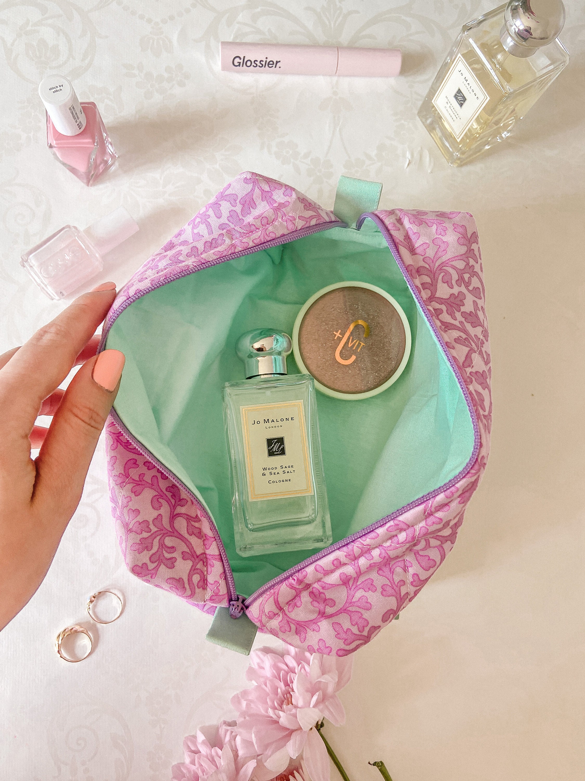 PINK MAKEUP BAG large purple floral quilted cosmetic bag lined Etsy