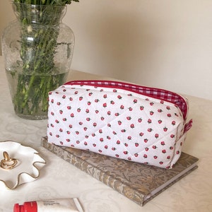 STRAWBERRY GINGHAM BAG medium ditsy quilted cosmetic makeup bag lined red gingham, cotton zip-up pouch, make-up brush bag handmade in U.K.