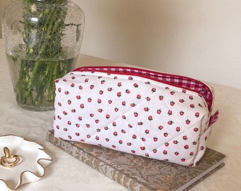 STRAWBERRY GINGHAM BAG medium ditsy quilted cosmetic makeup bag lined red gingham, cotton zip-up pouch, make-up brush bag handmade in U.K.