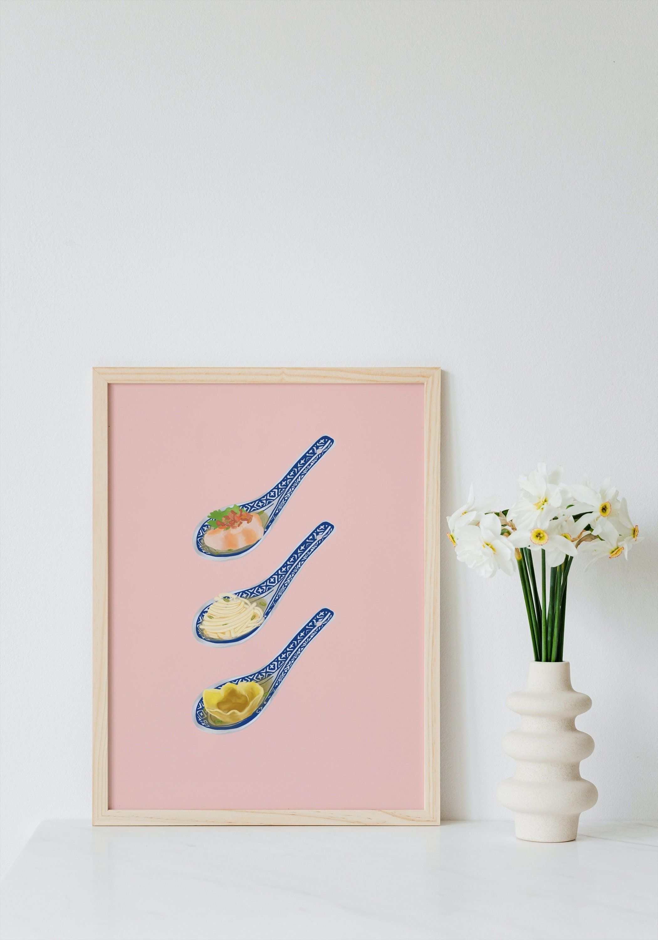 Impresión WON TON SPOON, arte dim sum, pintura oriental de cuchara de sopa china, arte de comida japonesa, decoración de pared asiática, estampado de fideos retro en el Reino Unido