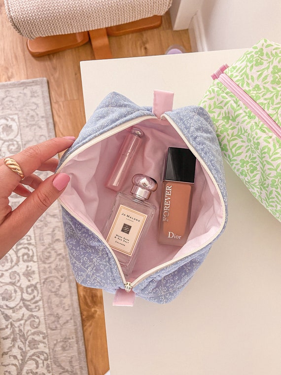 FLORAL MAKEUP BAG Blue Ditsy Floral Quilted Cosmetic Bag Lined With Pastel Pink Cotton Cotton Zip up Pouch Make up Bag Handmade in U.K. Etsy