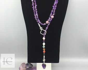 Chakra Gemstone Lariat Necklace. Long Amethyst Necklace.