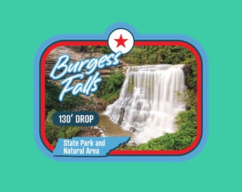 May include: A blue and red sticker with a white star and the text "Burgess Falls" in a retro font. The sticker also includes the text "130' DROP" and "State Park and Natural Area". The sticker features a photo of a waterfall.