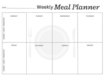 May include: A black and white printable weekly meal planner with a plate and cutlery graphic. The planner has spaces for each day of the week, including Monday, Tuesday, Wednesday, Thursday, Friday, Saturday, Sunday, and a section for snacks.