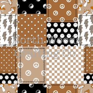 May include: A patchwork fabric design featuring various patterns including peace signs, smiley faces, yin yang symbols, stars, lightning bolts, and mushrooms. The fabric is brown, black, and white.