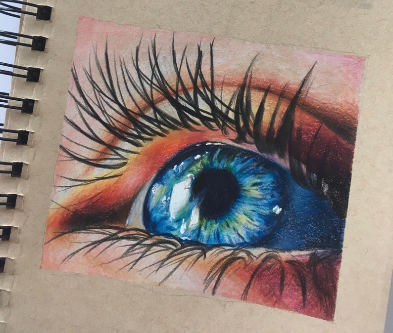 Colored pencils realistic eye drawing blue eye photorealism Etsy