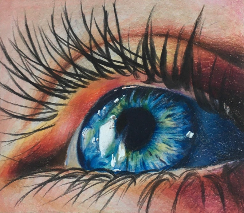 Colored pencils realistic eye drawing blue eye photorealism Etsy