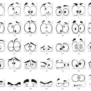 Puede incluir: Un conjunto de 45 ojos de dibujos animados en blanco y negro con diversas expresiones, incluyendo sorprendido, feliz, triste y enojado. Los ojos est&aacute;n dibujados en un estilo simple y caprichoso y ser&iacute;an perfectos para agregar personalidad a una variedad de proyectos.