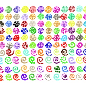 以下が含まれることがあります： 様々な形と大きさのカラフルな渦巻き模様100個の集合。渦巻きは白い背景にグリッドパターンで配置されています。