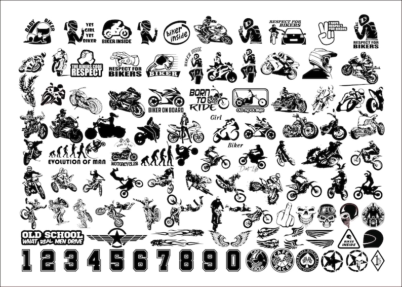 May include: A black and white graphic design image with a collection of motorcycle and biker themed illustrations. The illustrations include a variety of designs, such as motorcycles, riders, helmets, and text. The text includes phrases like "Respect for Bikers", "Old School", "Born to Ride", and "Evolution of Man".