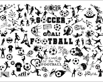May include: Black and white illustration of soccer players, balls, and related imagery. The text "Play Soccer Repeat" and "Life is simple Eat. Sleep. Play Football" are included.