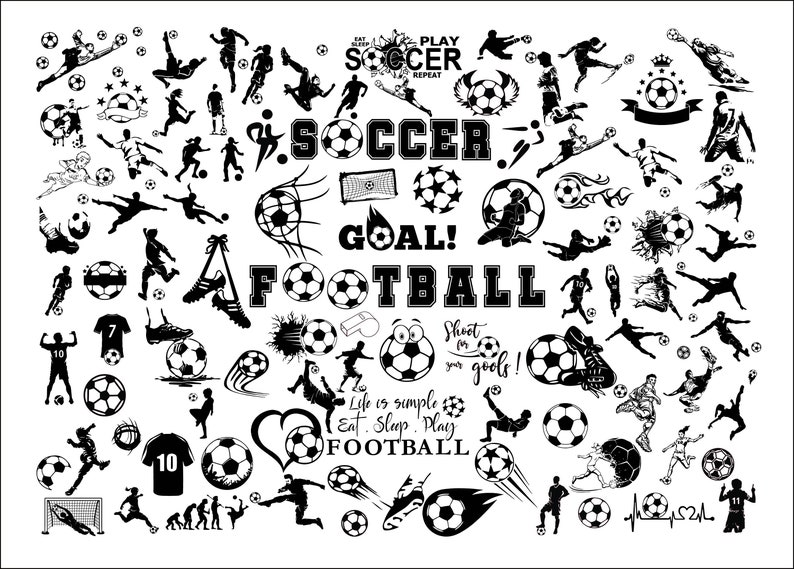 Op de afbeelding: Zwart-witte illustratie van voetballers, ballen en gerelateerde afbeeldingen. De tekst "Play Soccer Repeat" en "Life is simple Eat. Sleep. Play Football" is inbegrepen.